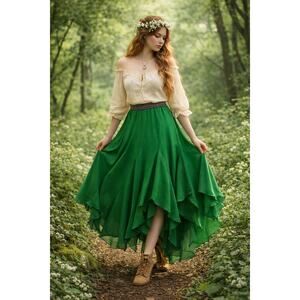 Anthropologie Kelly Green Fairycore Maxi Skirt Asymmetrical Hem Size Medium